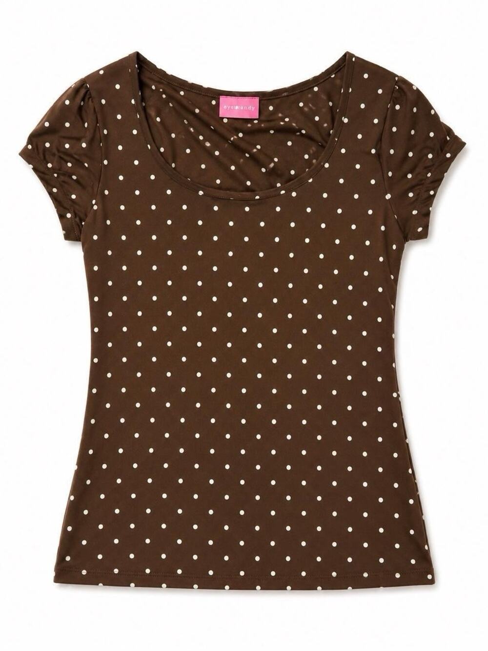 Eye Candy Women’s Brown Polka Dot Short Sleeve Top Scoop Neck